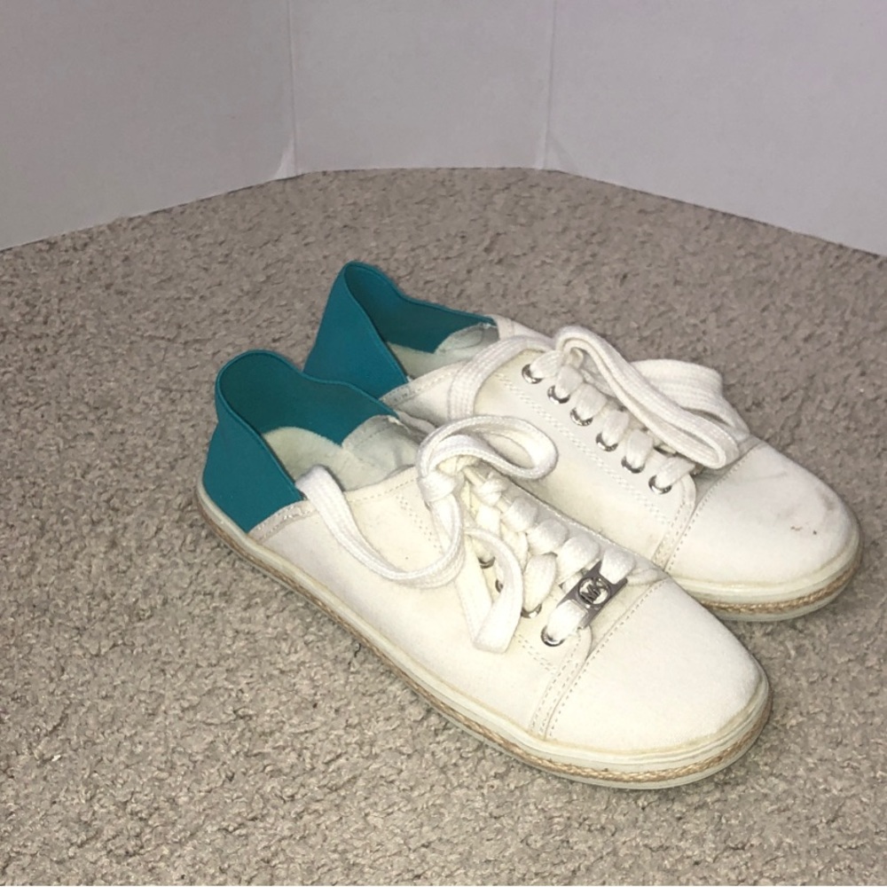 Michael Kors White Canvas Kids Sneakers with Teal Heel